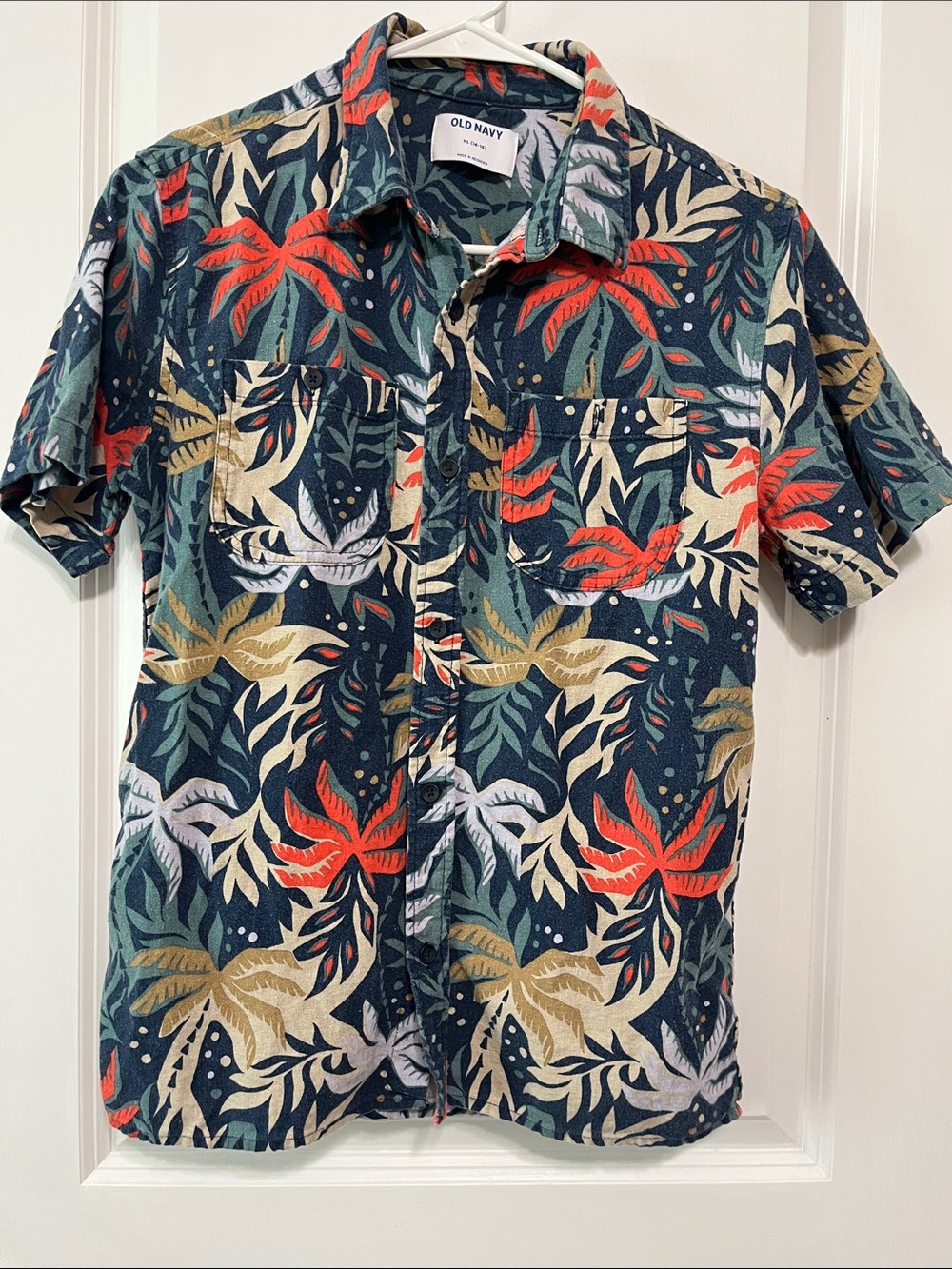 Old Navy Short Sleeve Tropical Linen Blend Pocket Shirt Sz XL